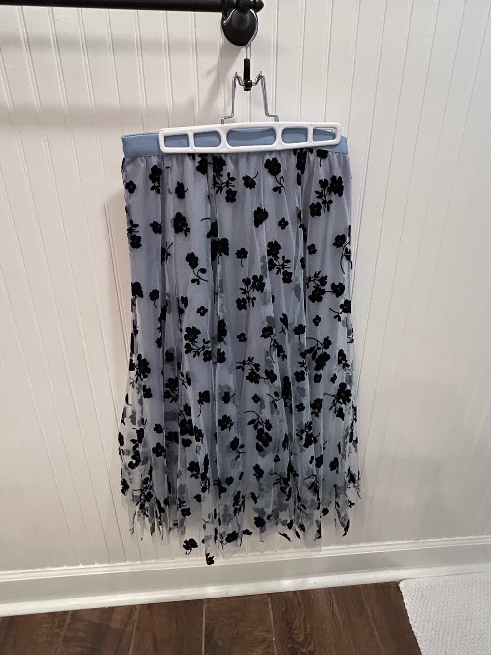 Chicwish Light Blue Tulle Midi Skirt with Black Floral Appliqué